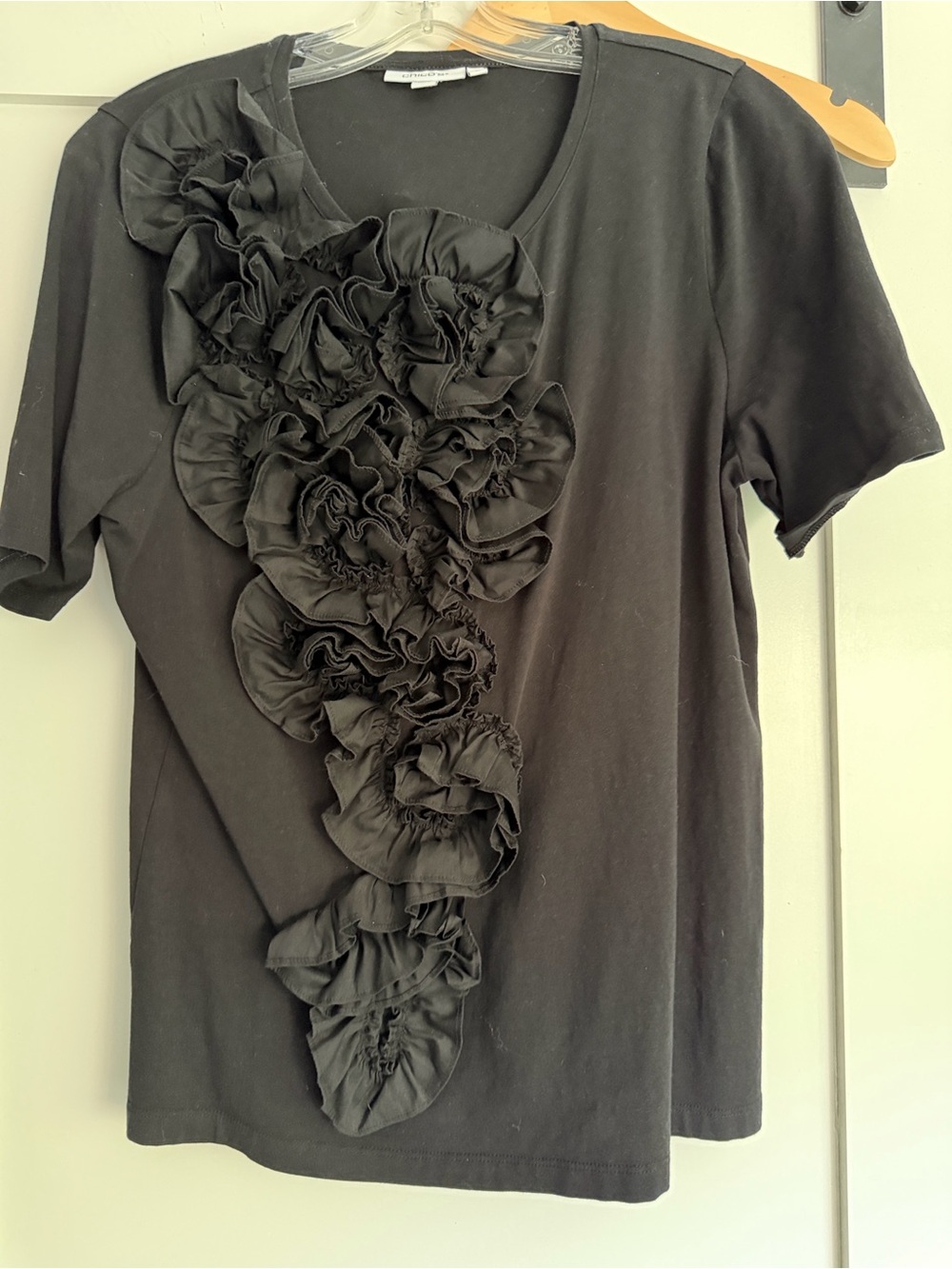 Chico's Black Short Sleeve Top with Cascading Ruffle Front